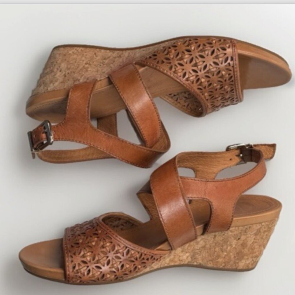(9) NURTURE Harrpper Decorative LEATHER Sandals w/ 2.5" Cork Wedge Heels